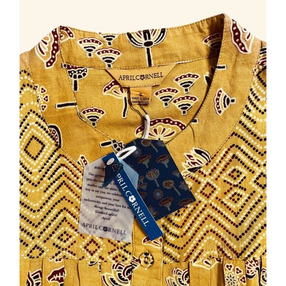 APRIL CORNELL Dress Small Golden Fields Artist Smock 100% Cotton Pockets Yellow - Picture 5 of 9